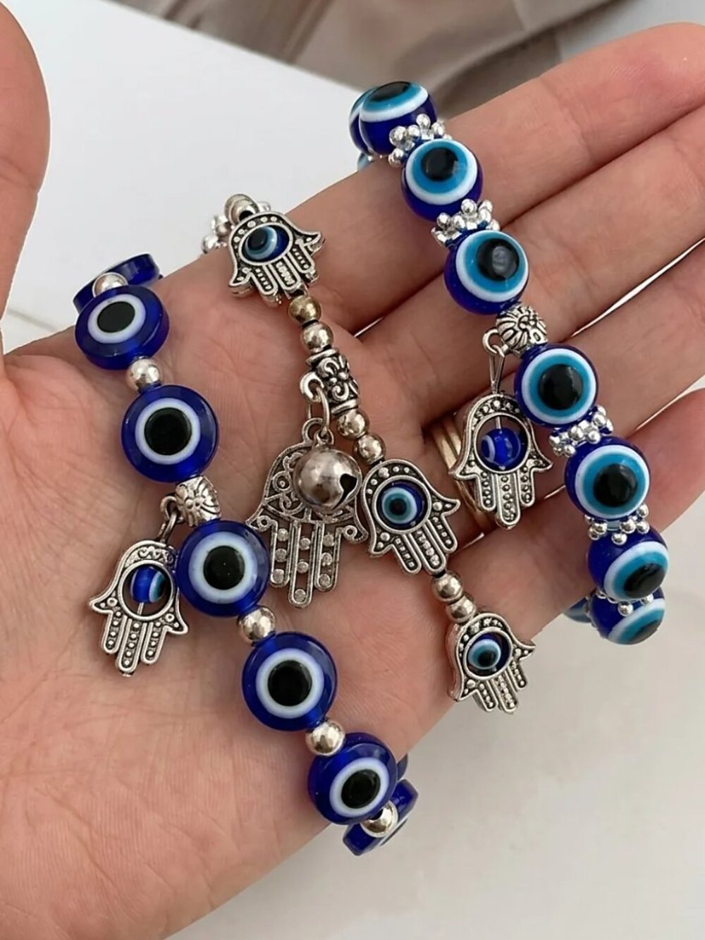 NWT -3pc Boho Evil Eye Beaded Bracelet Set – Silver & Blue with Rhinestones - Picture 5 of 5